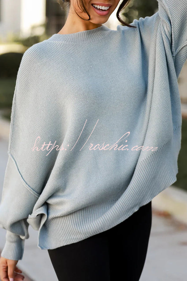 Distressed Knit Side Slit Long Sleeve Pullover Sweater