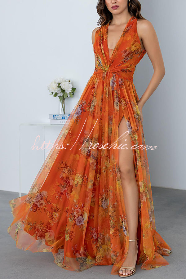 Autumn Romantic Floral Tulle Twist Detail Backless Slit Formal Maxi Dress