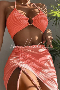 Commuting Style Suspender Pleated Hoop Three Pieces Swimsuit Set