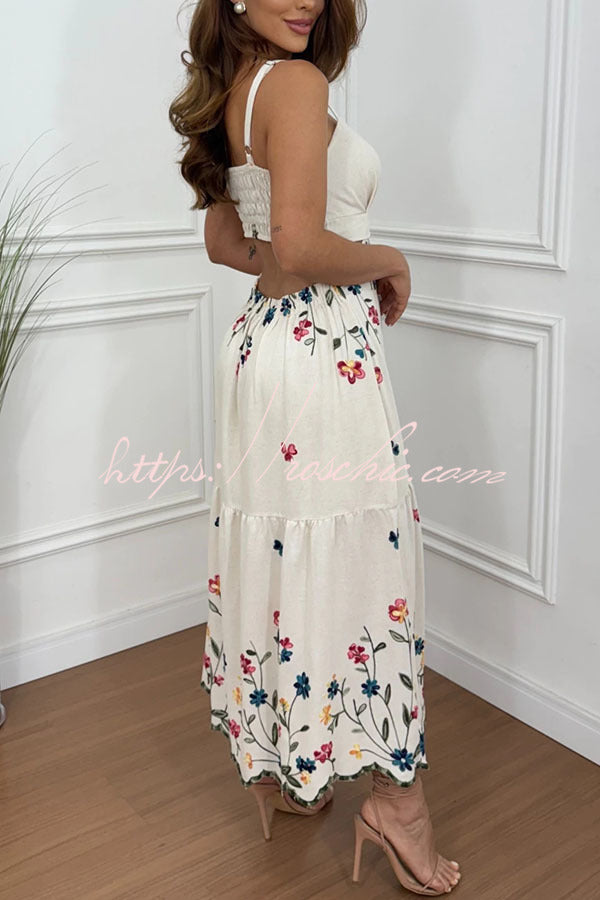 Vanie Linen Blend Floral Print Cutout Waist Back Smocked Slit Maxi D roschic Vanie Linen Blend Floral Print Cutout Waist Back Smocked Slit Maxi D roschic