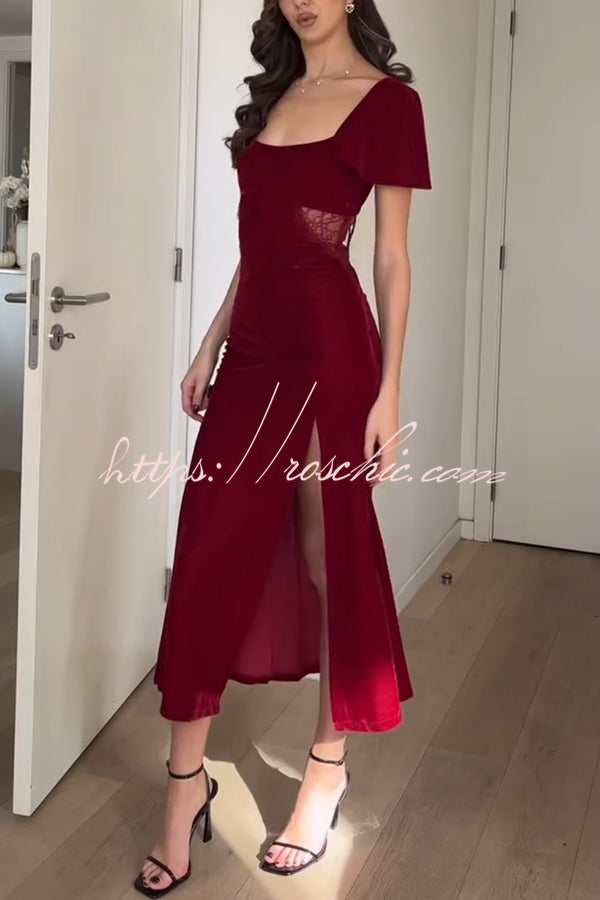 Yumi Velvet Lace Patchwork Bell Sleeve Back Lace-up Slit Midi Dress