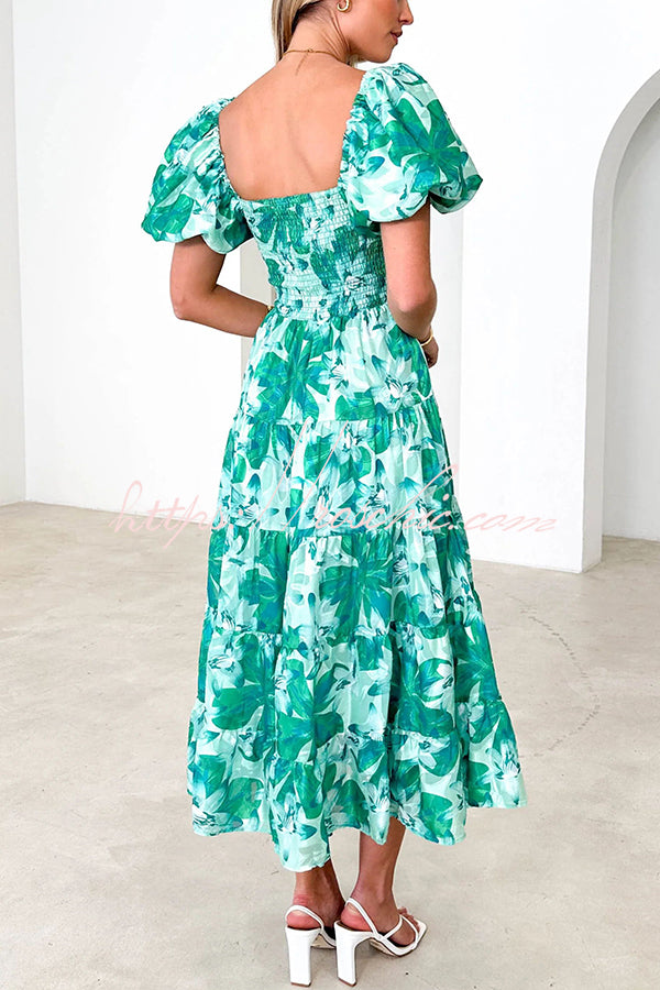 Petal Princess Unique Print Smocked Waist Puff Sleeve Midi Dress