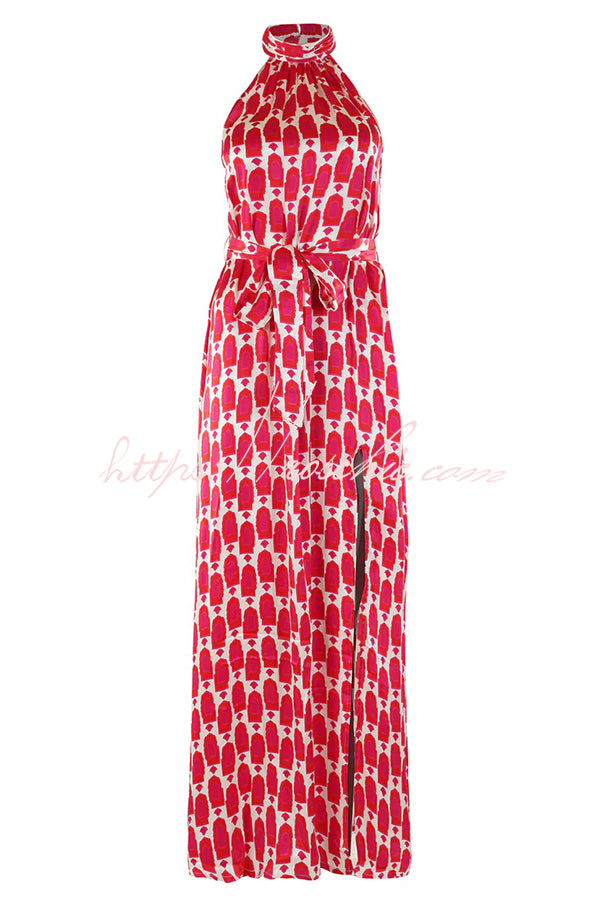 Unique Printed Sleeveless Halterneck Tie-waist Slit Maxi Dress