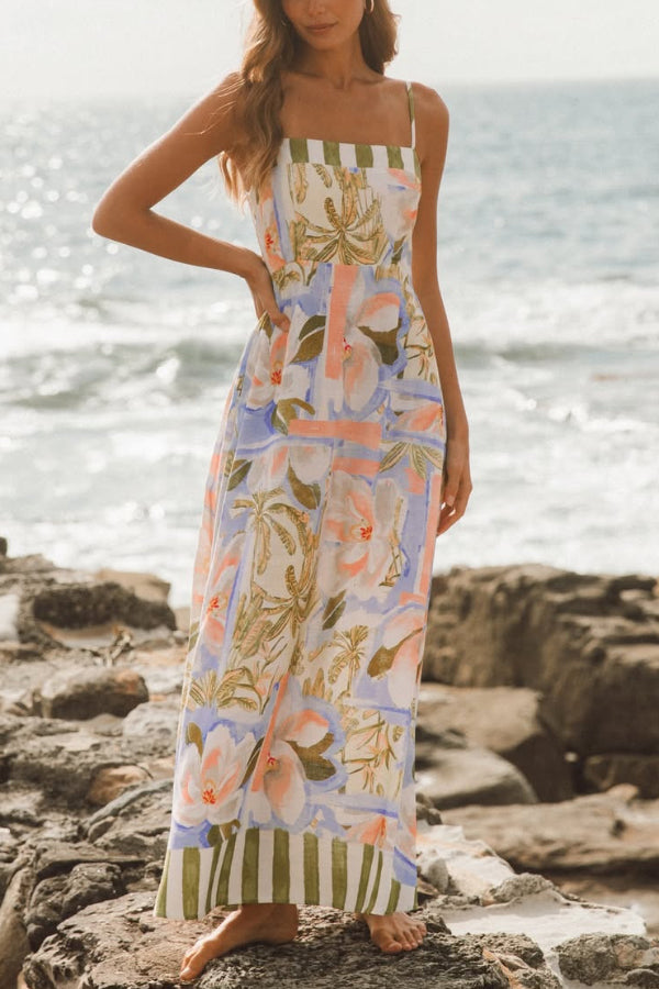 Unique Print Square Neck Spaghetti Strap Waist Casual Maxi Dress