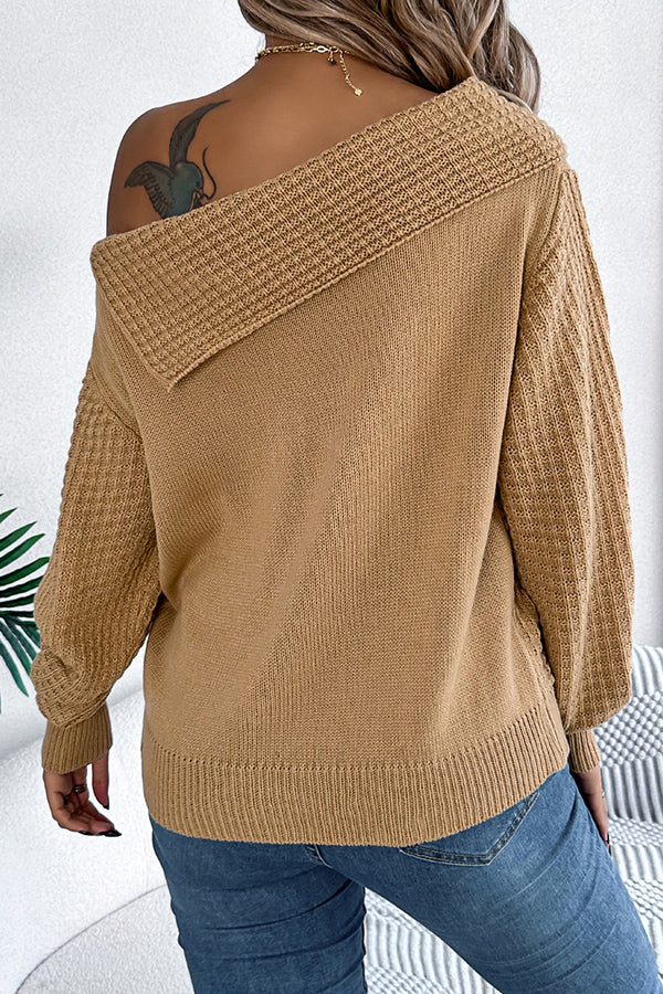 Solid Color Casual One Shoulder Long Sleeve Knitted Sweater