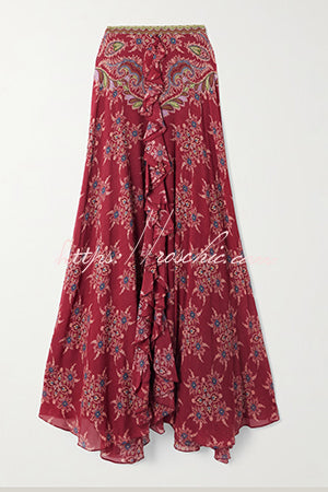 Unique Printed Chiffon Long-sleeved Loose Shirt and Elegant Ruffled Maxi Skirt Set