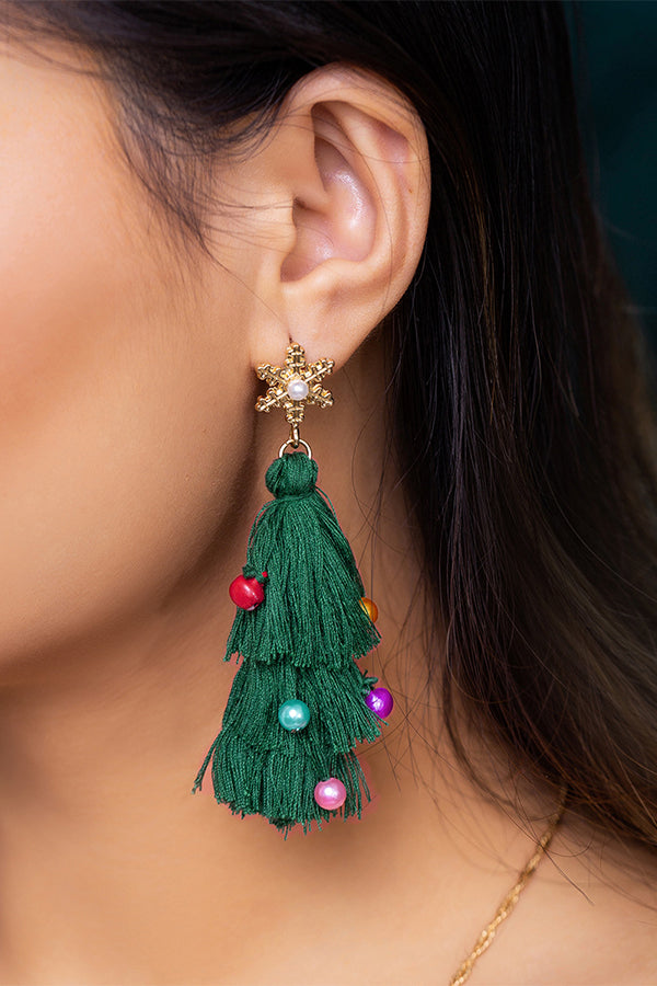 Bohemian Lightweight Christmas Tree Tassel Beaded Earrings