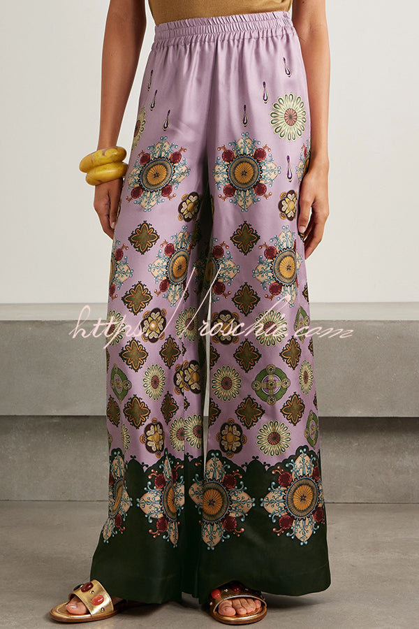 Satin Unique Print Loose Batwing Sleeve Top and Elastic Waist Pocket Casual Wide-leg Pants Set
