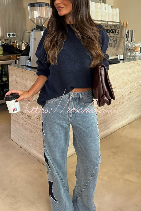 Jessy Denim Mid Rise Side Star Pattern Pocket Wide Leg Jeans (Shipped Within 24 Hours)