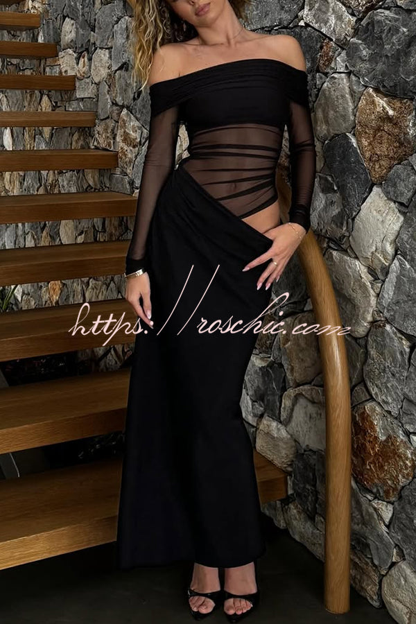 Exquisite Sexy Mesh Patchwork Off Shoulder Cutout Ruched Maxi Dress