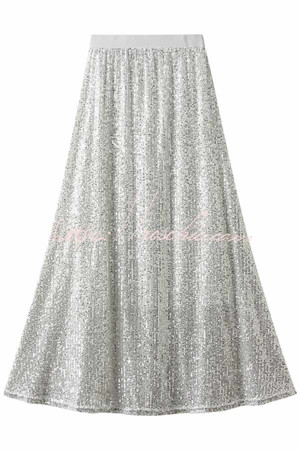 Golden Evening Sequin Elastic Waist Maxi Skirt