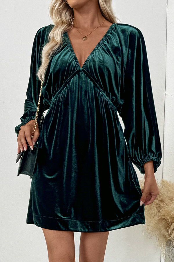 Solid Color Velvet V-neck Long-sleeved Pleated Loose Mini Dress