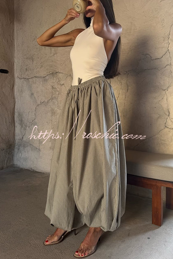 Fashion Plaid Print Elastic Waist Pocket Loose Wide-leg Pants