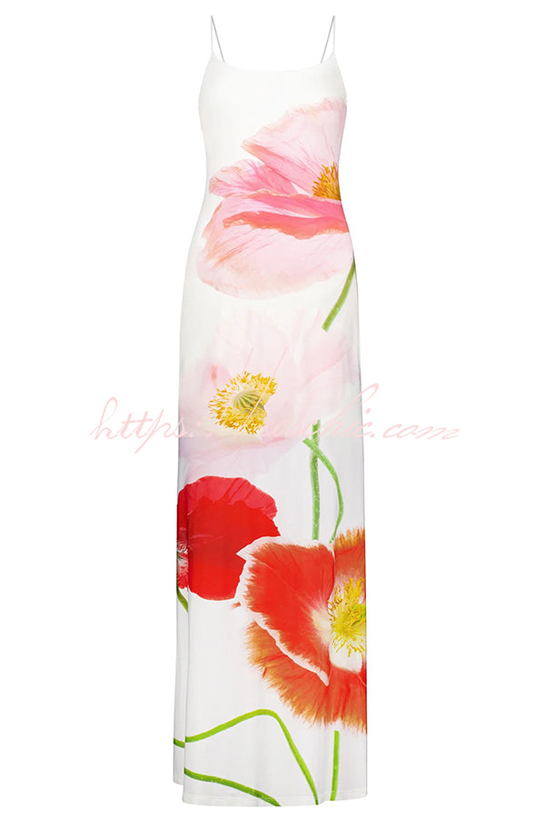 Romantic Beginnings Poppy Blossom Slip Floral Stretch Vacation Maxi Dress