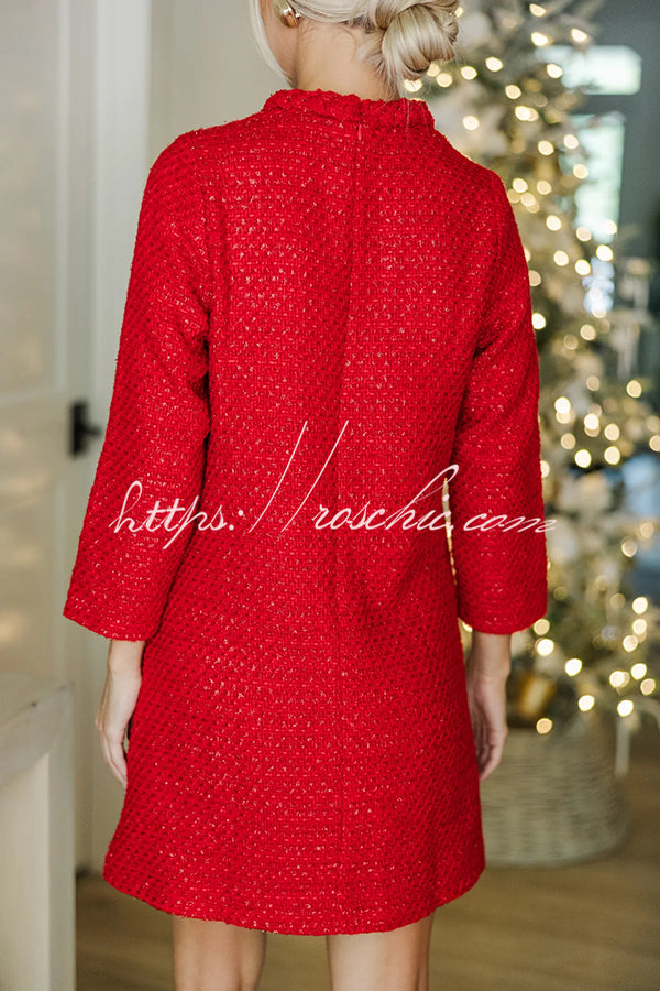 Christmas Red Tweed Fabric Braided Trim Vintage Button 3/4 Sleeve Shift Mini Dress