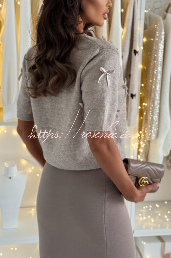 Light The Night Knit Satin Bow Detail Short Puff Sleeve Sweater