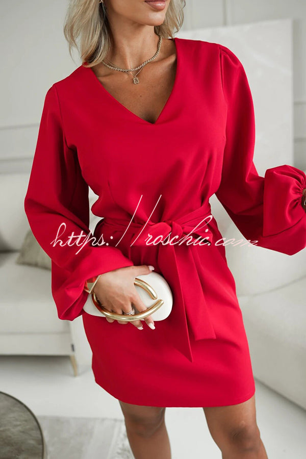 Holiday Gatherings V-neck Long Balloon Sleeve Tie-up Waist Loose Mini Dress