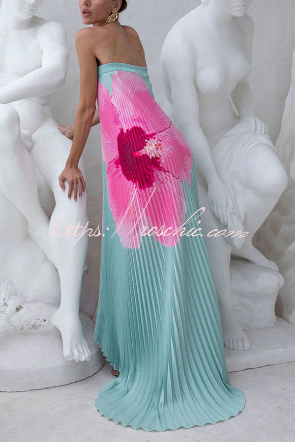 All about Her Pleated Floral Print Off Shoulder A-line Maxi Dress