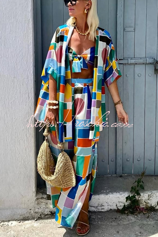 Summer Colors Printed Kimono + Knotted Tank + Elastic Waist Pocket Three-pieces Pants Set