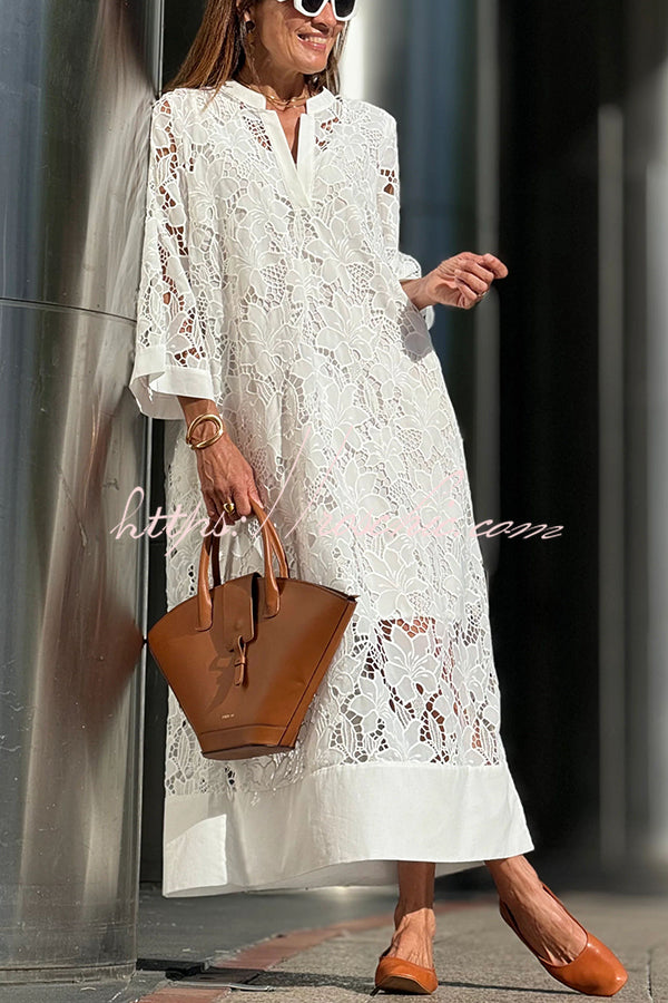 Confidence and Adventure Flower Lace V-neck Bell Sleeve Loose Midi Dress