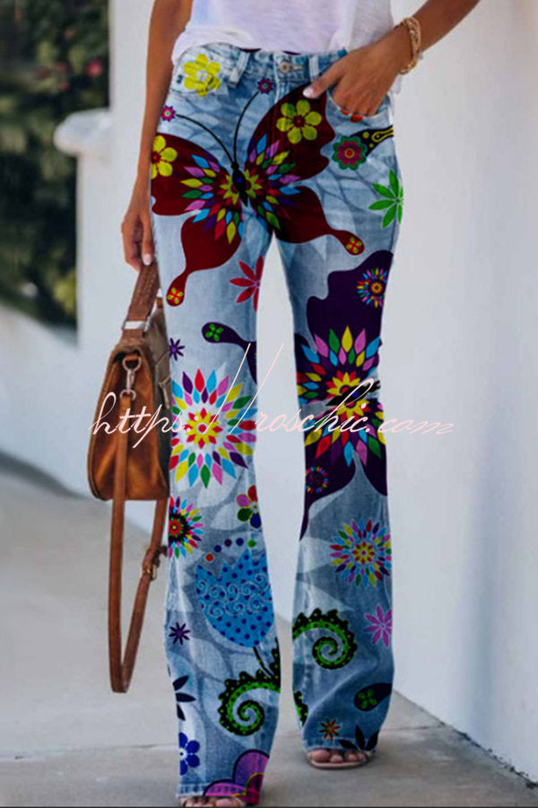 On A Drive Printed Faux Denim High Rise Flare Pants