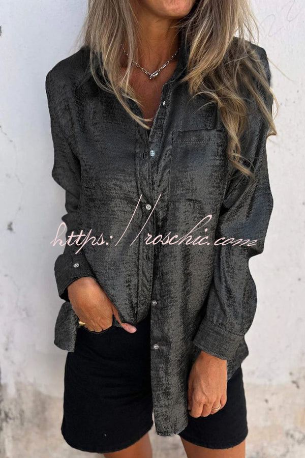 First and Fabulous Metallic Fabric Button Up Long Sleeve Loose Blouse