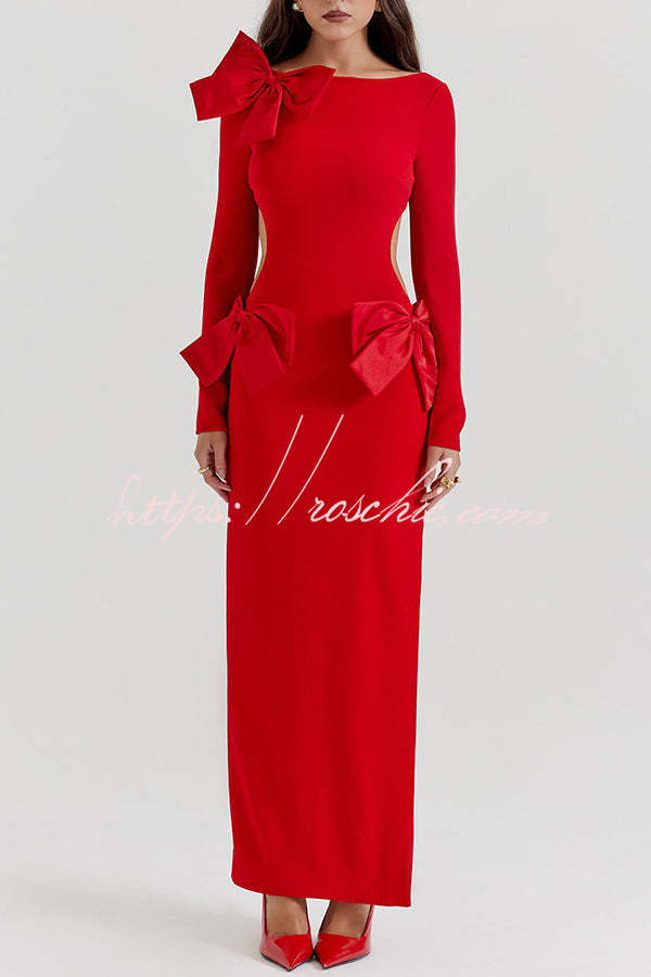 Lovely Bow Cutout Button Back Zipper Long Sleeve Maxi Dress