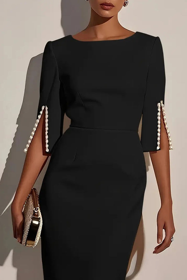 Solid Color Elegant Round Neck Half Sleeve Beaded Decorated Slim Fit –  roschic