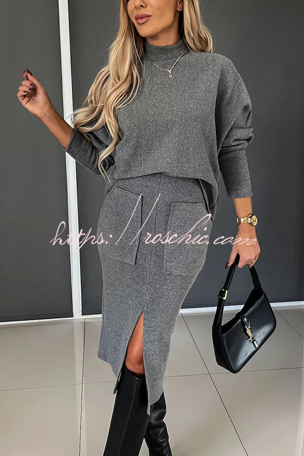 Chill Morning Knit Ribbed High Neck Top and Big Pocket Slit  Stretch Midi Skirt Set