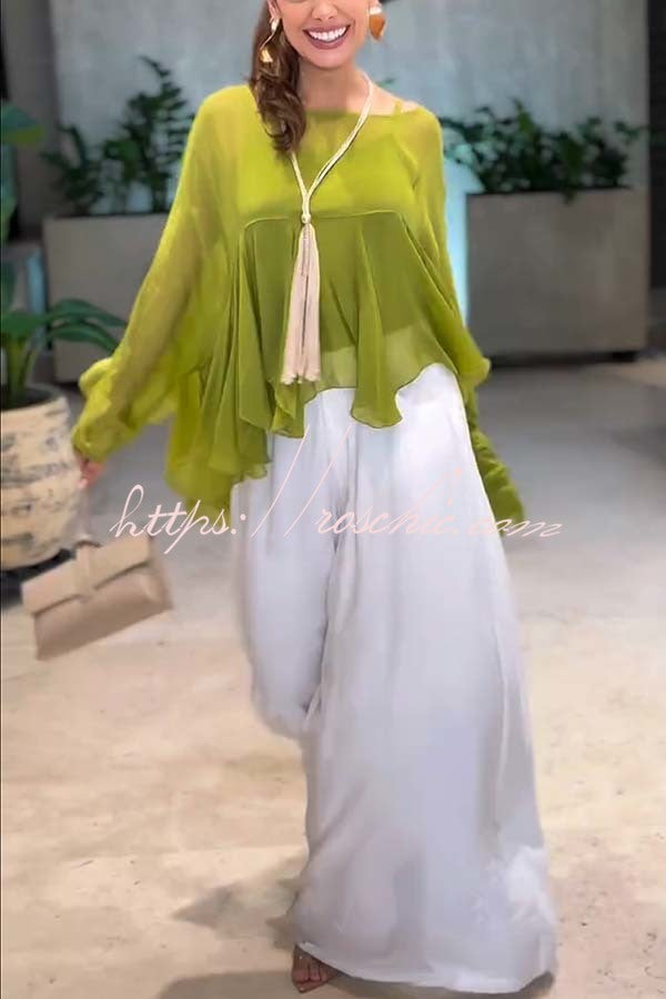 Romantic Journey Chiffon Ruffle Batwing Sleeve Top and Elastic Waist Pocket Loose Pants Set