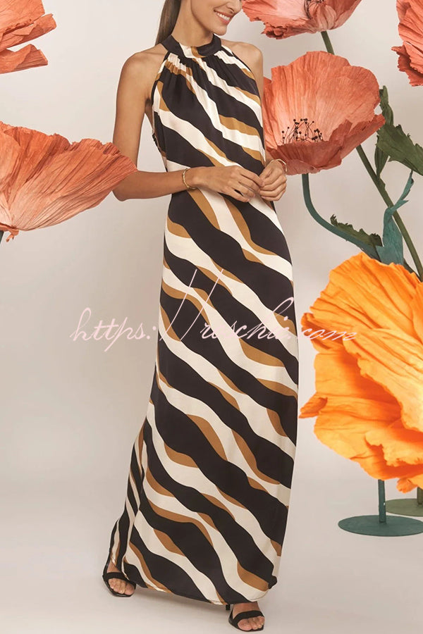 Uptown Cafe Satin Color Block Print Tie-up Neck Maxi Dress