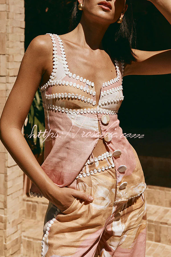 European Summer Linen Blend Ric Rac Trims Unique Print Button Tank