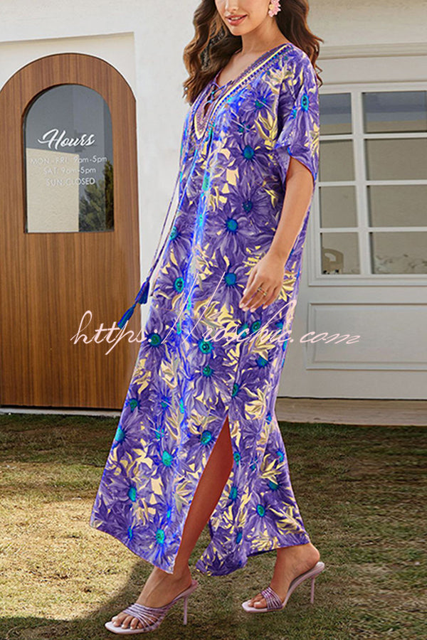 Floral Print V-Neck Lace-Up Loose Holiday Cover-Up Maxi Dress