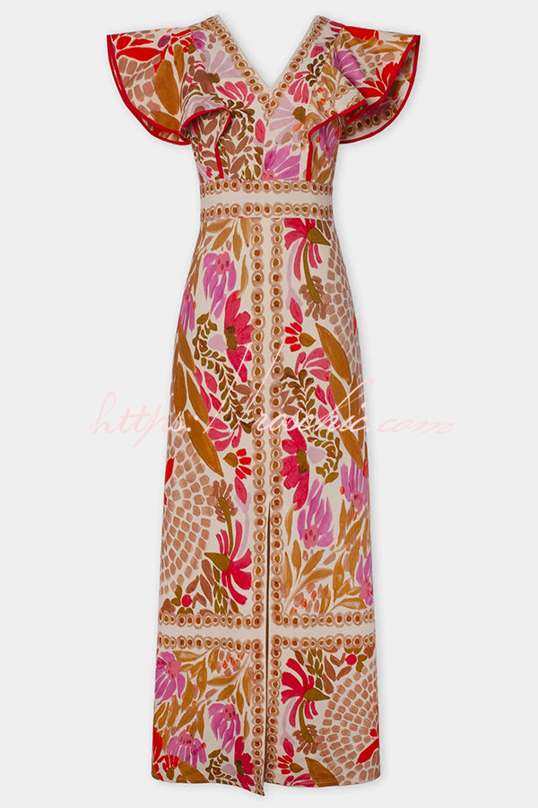 Unique Printed V-neck Open Back Ruffled Sleeves Slit Maxi Dress