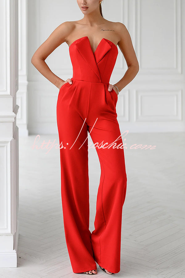 Tuxedo-style Off Shoulder Pocket Wide Leg Formal Jumpsuit