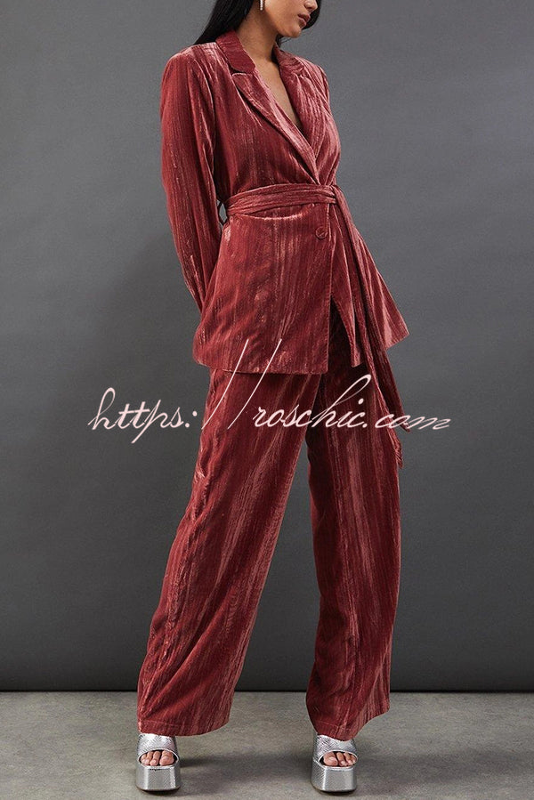 Solid Color Velvet Long-sleeved Waist Tie Top and Elastic Waist Casual Pocket Straight-leg Pants Set