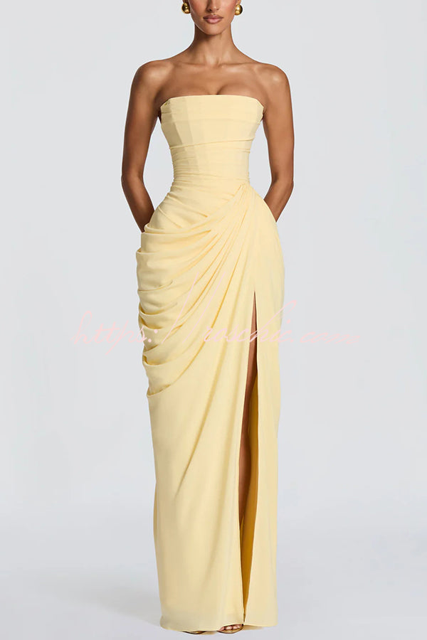 Cyra Chiffon Back Lace-up Asymmetrical Pleats Strapless Slit Maxi Dre –  roschic