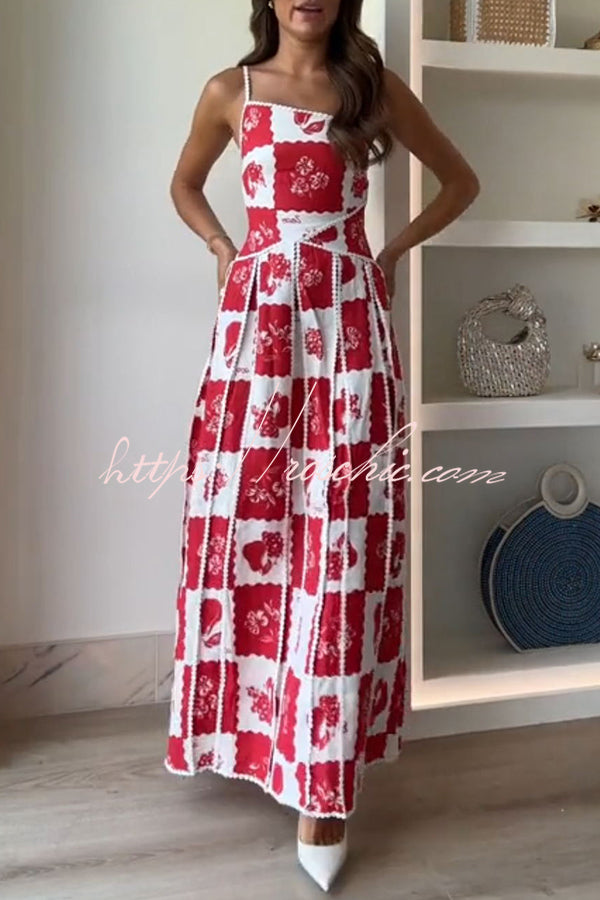 Kyoho Linen Blend Ric Rac Trims Unique Print One Shoulder Flared Maxi Dress