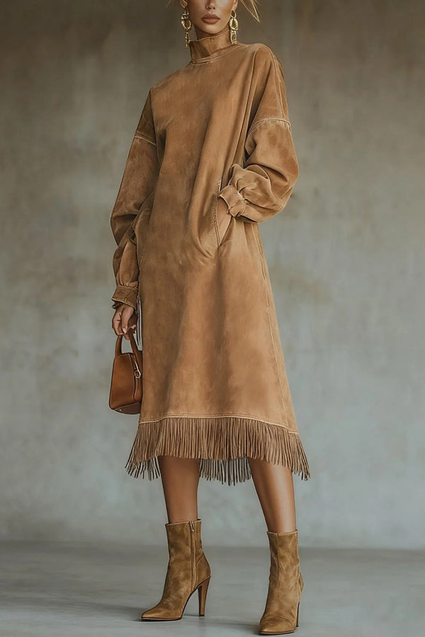 Solid Color Suede Loose Long-sleeved Casual Pocket Tassel Hem Midi Dress