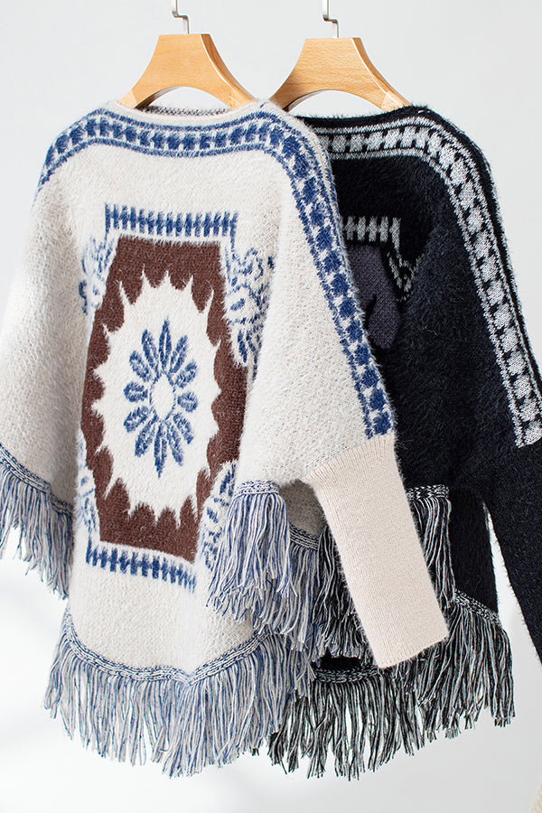 Ethnic Style Loose Long-sleeved Tassel Hem Knitted Sweater