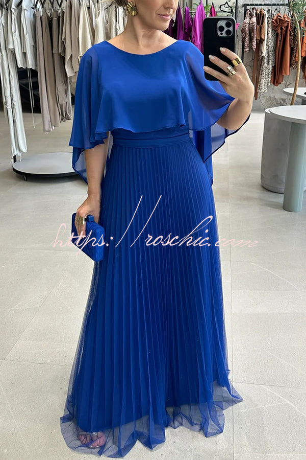 Ready for Holiday Cape Sleeve Tie-up Pleated Maxi Dress