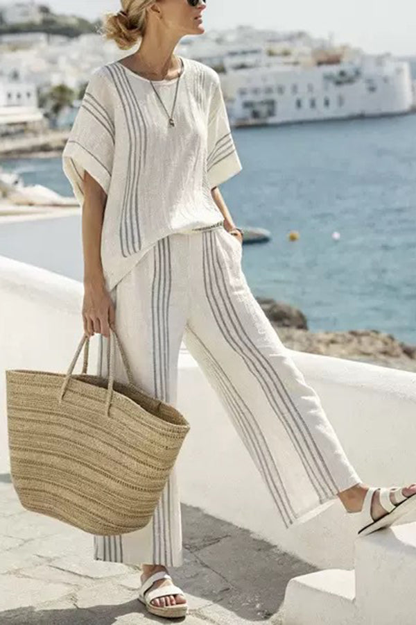 Striped Print Crew Neck Loose Top and Elastic Waist Casual Wide Leg Pants