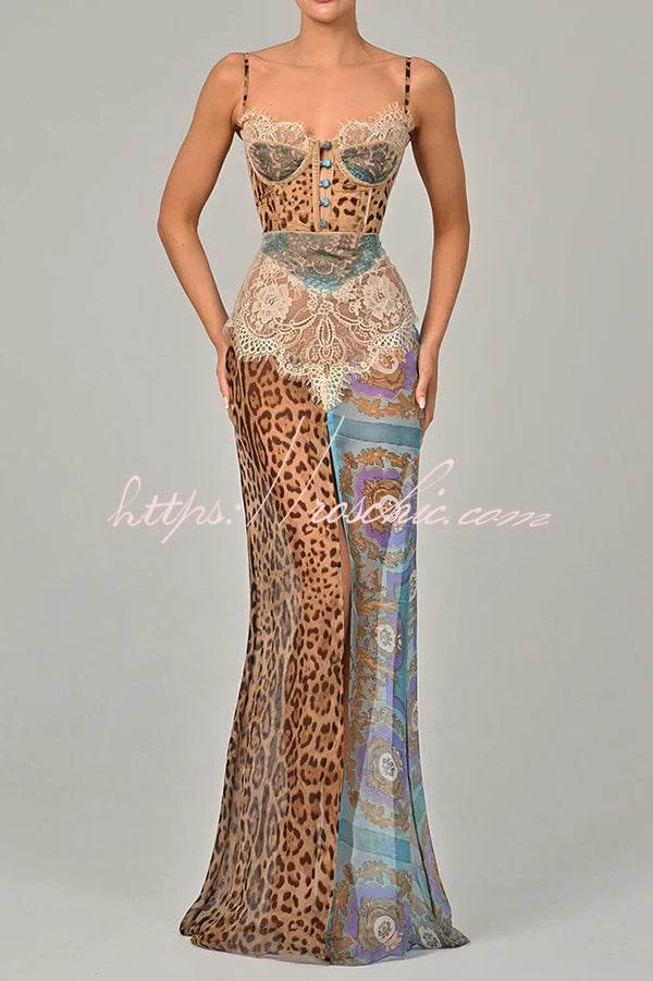 Chiffon Leopard Print Sexy Lace Splicing High Slit Slim Maxi Dress Chiffon Leopard Print Sexy Lace Splicing High Slit Slim Maxi Dress