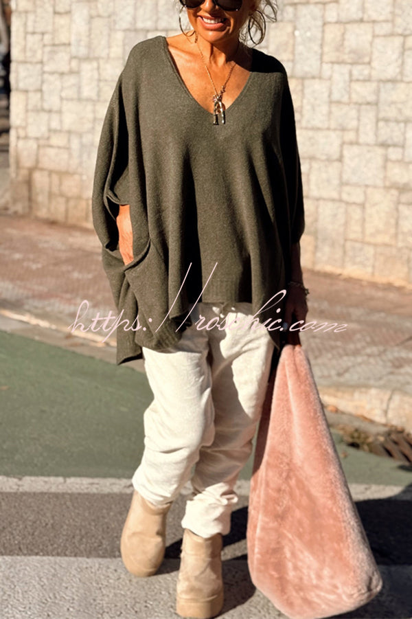 Fashion V-neck Loose Pocket Mid-length Knitted Sweater