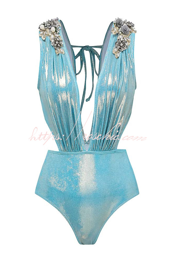 Solid Color Shiny Fabric Deep V Metal Embellished Stretch One-piece Swimsuit