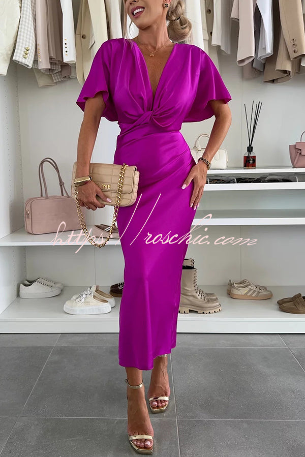 Satin Solid Color V-neck Cross Knot Slim Maxi Dress