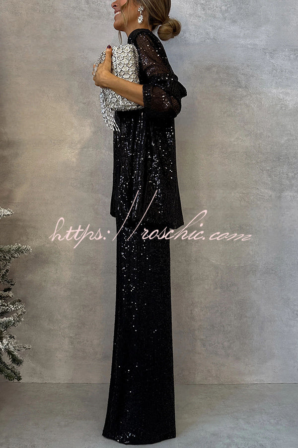 Party Scene Sequin High Rise Elastic Waist Wide Leg  Pants