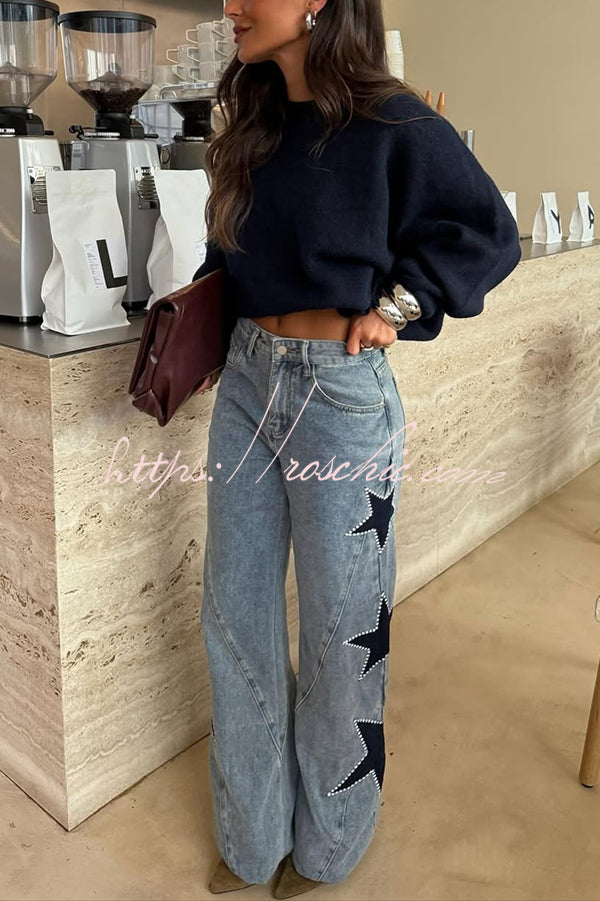 Jessy Denim Mid Rise Side Star Pattern Pocket Wide Leg Jeans