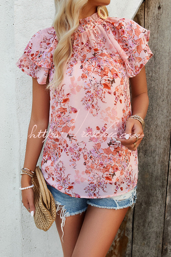 Floral Print Paneled Pleated Crew Neck Pullover Short Sleeved Top