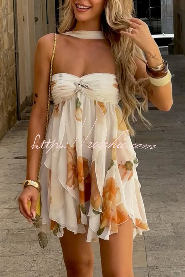 Arabella Floral Print Starfish Brooch Inverted Halter Neck Slit Ruffles Mini Dress Arabella Floral Print Starfish Brooch Inverted Halter Neck Slit Ruffles Mini Dress